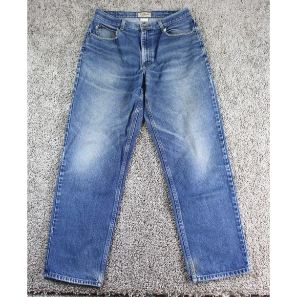 L.L. Bean Jeans Mens 34x32 Blue Relaxed Denim VTG Faded Whiskered Actual 32x31 - Picture 1 of 10